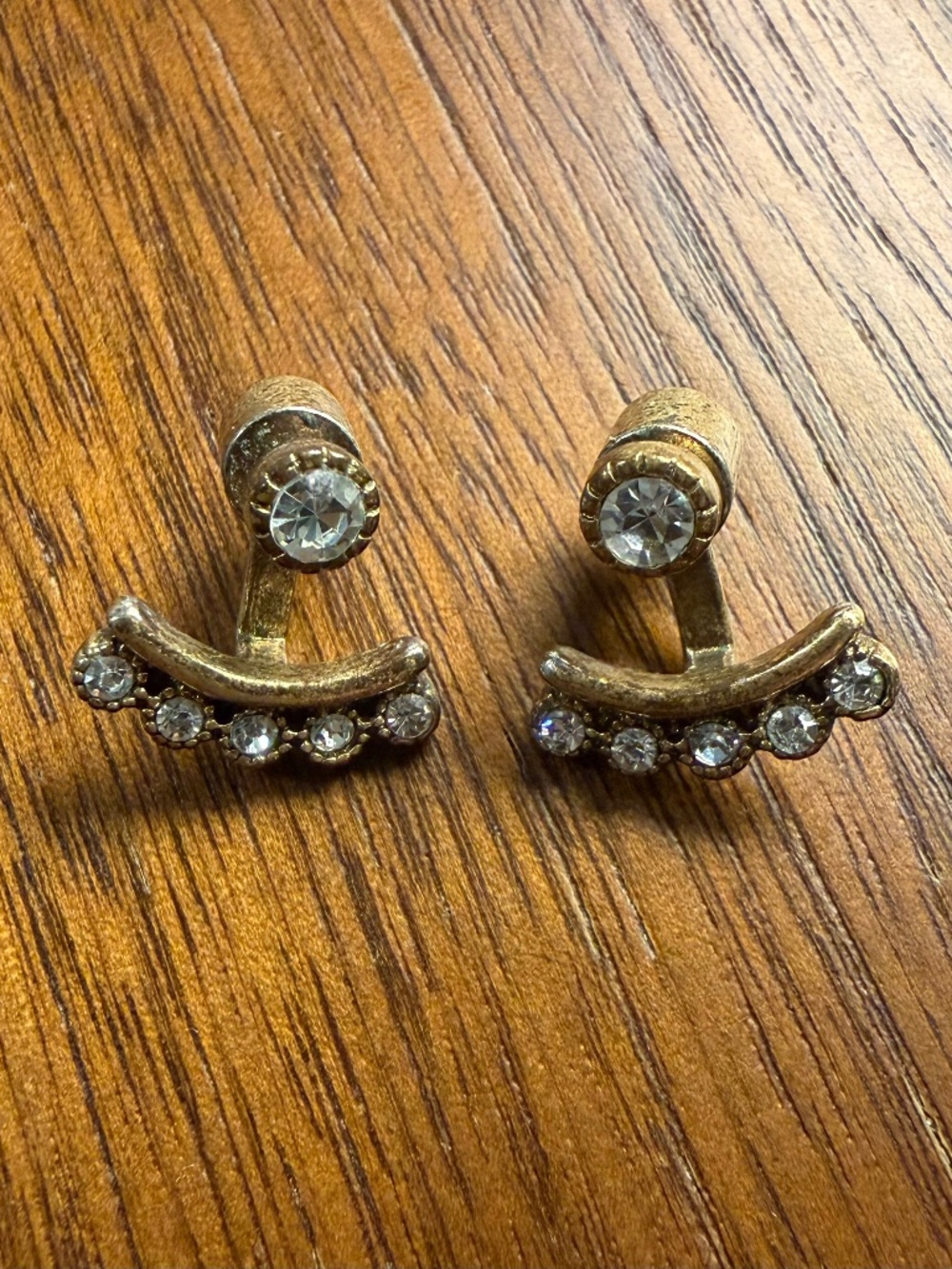 Vintage Gold Rhinestone Ear Jacket Earrings / Curved Curved Front Back Studs